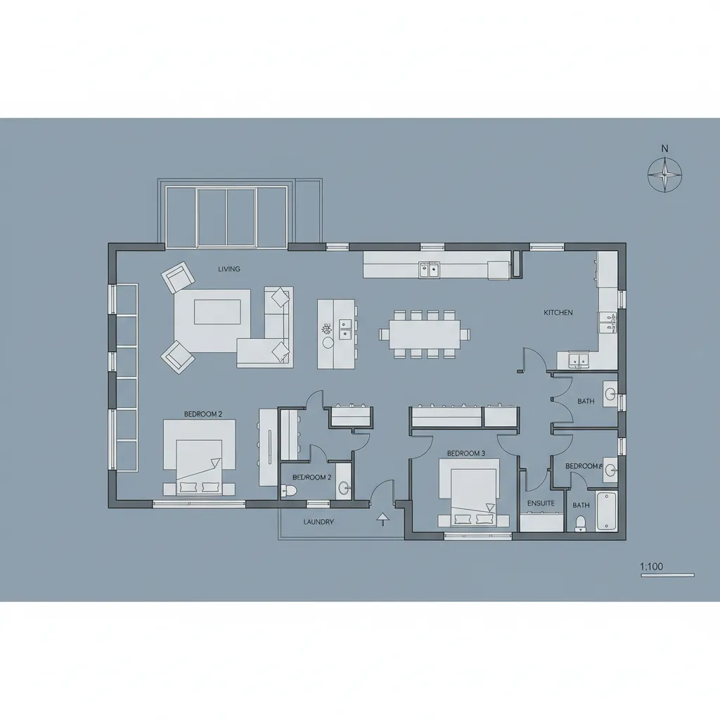 Plano de distribución de una casa canadiense con espacios abiertos