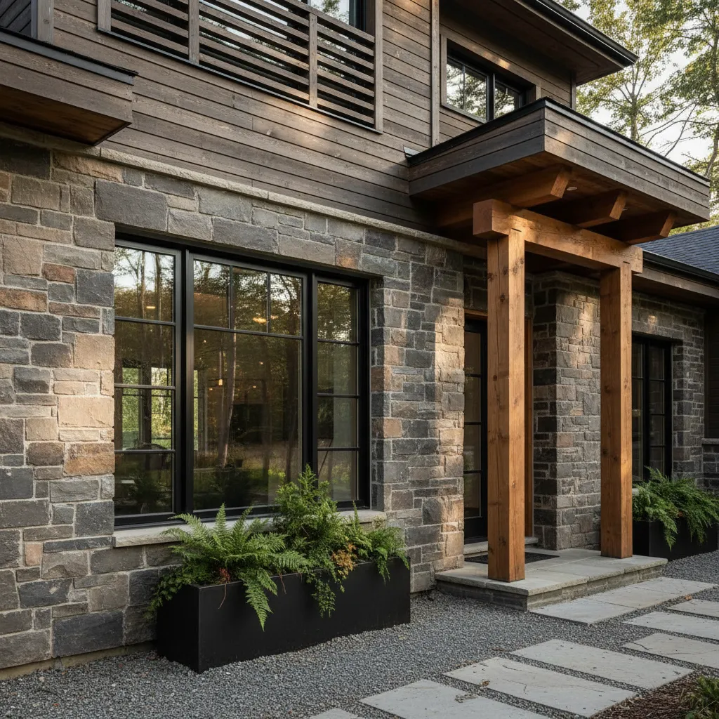 Detalle de fachada con piedra y madera en casa estilo canadiense