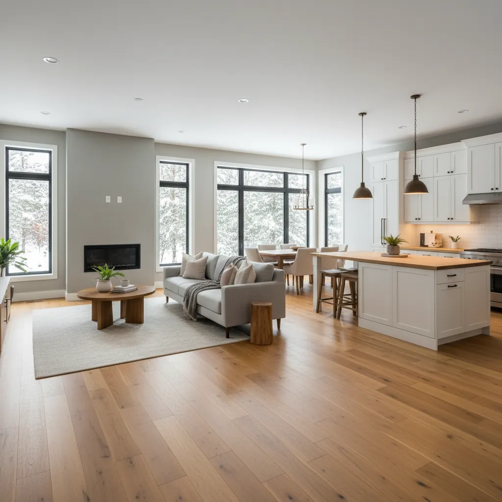 Modern open living room with grey sofa wooden floor white kitchen island and large windows