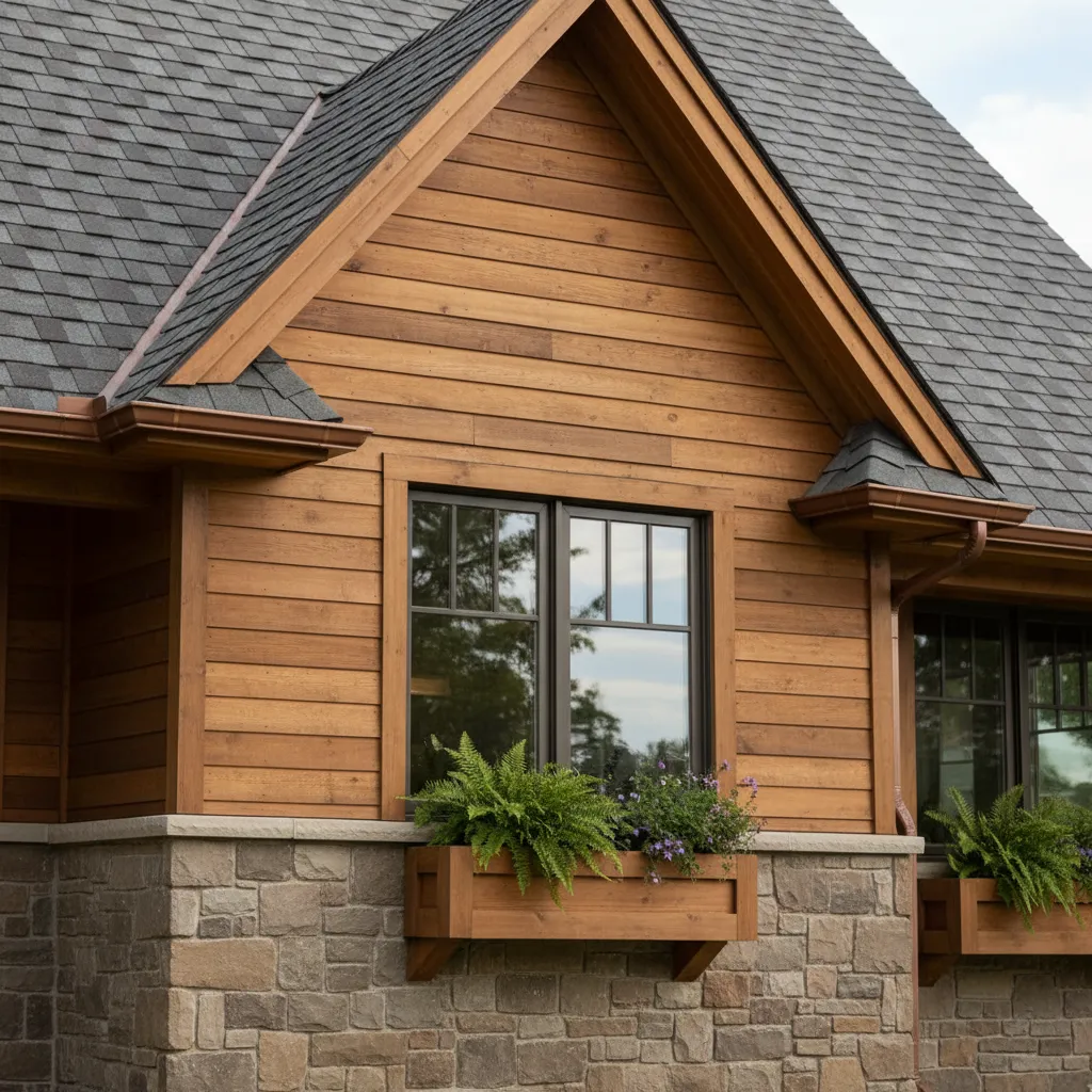 Close up house exterior with brown wood siding stone wall and green plants in boxes