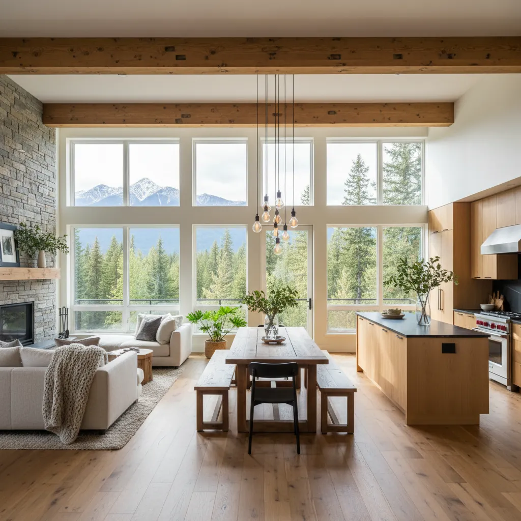 Interior con sala, comedor y cocina abiertos en una casa canadiense