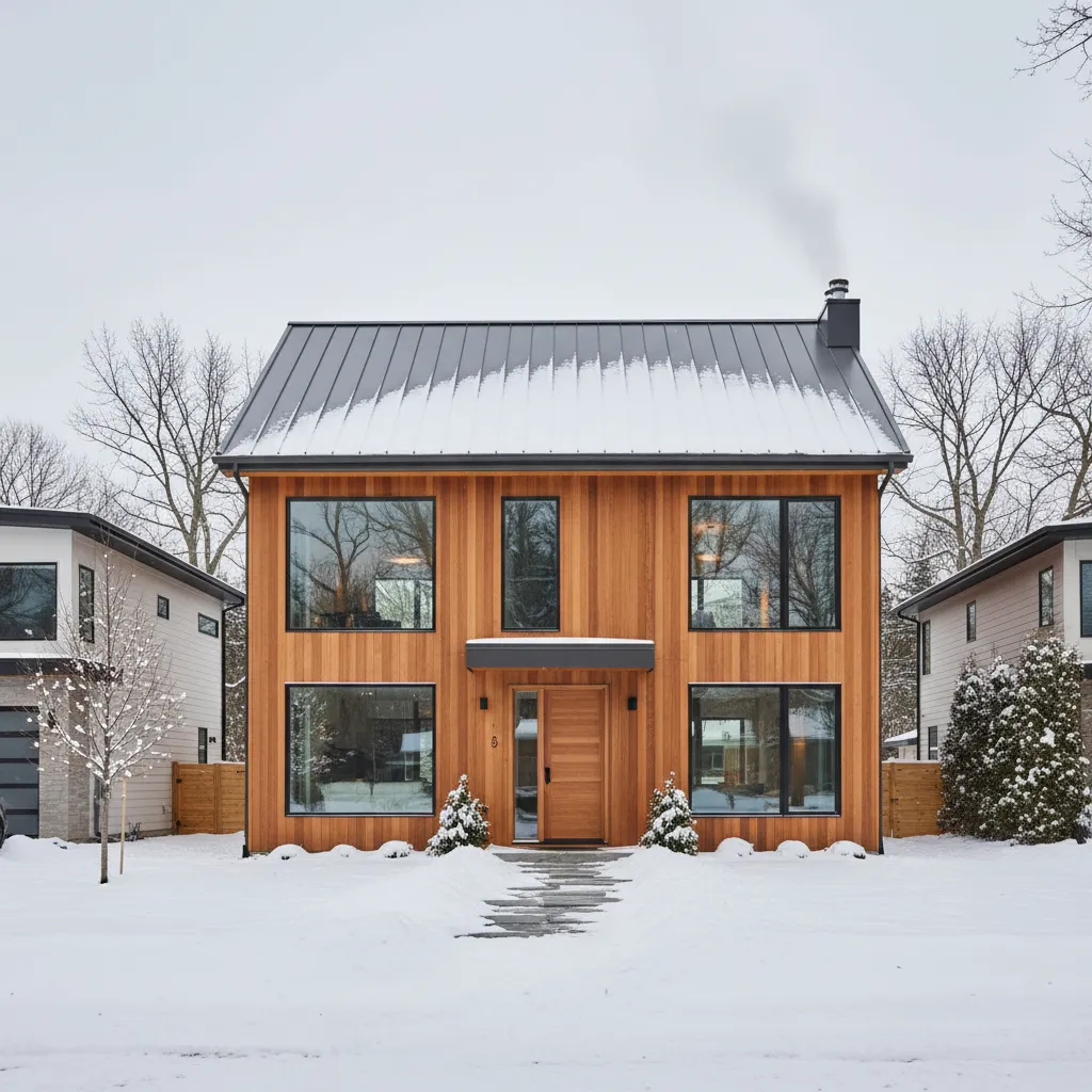 Modern house with light wood siding black roof and chimney smoke in a snowy yard