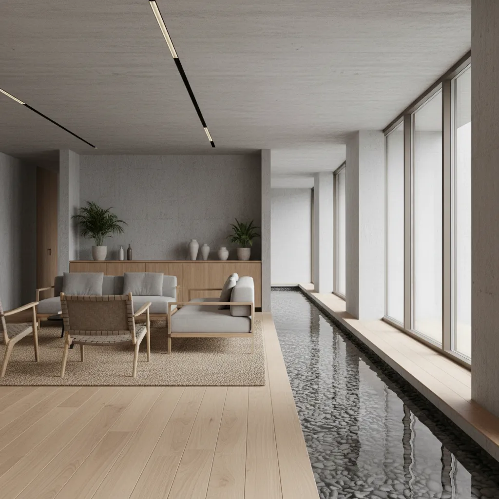 Canal de agua interior moderno con piedras y suelo de madera