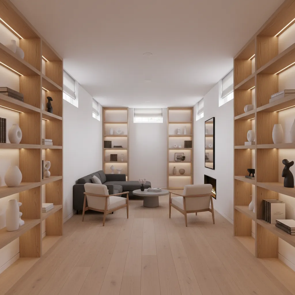 Modern basement interior designed with narrow canal house inspired layout