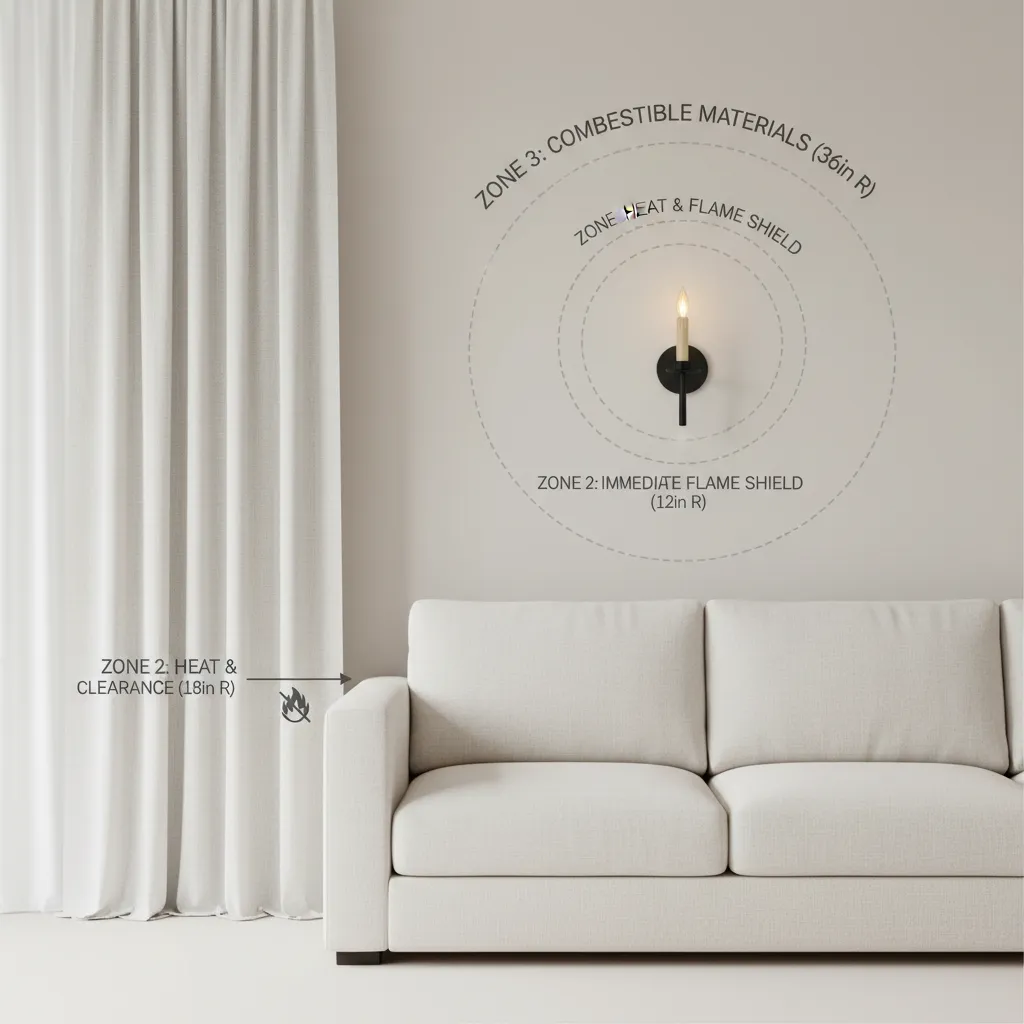diagram showing safe distance between candle sconces furniture and curtains