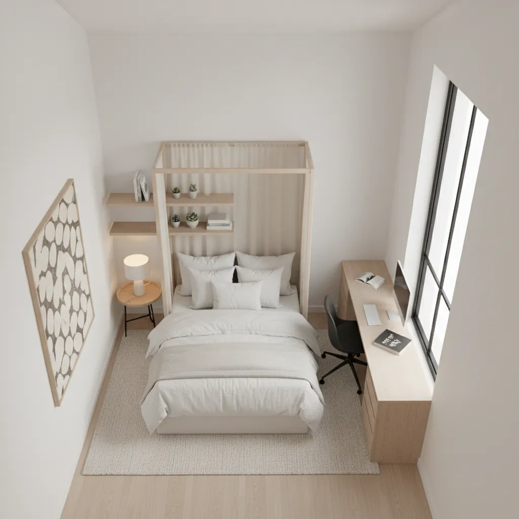 Small bedroom layout showing canopy bed placement against wall