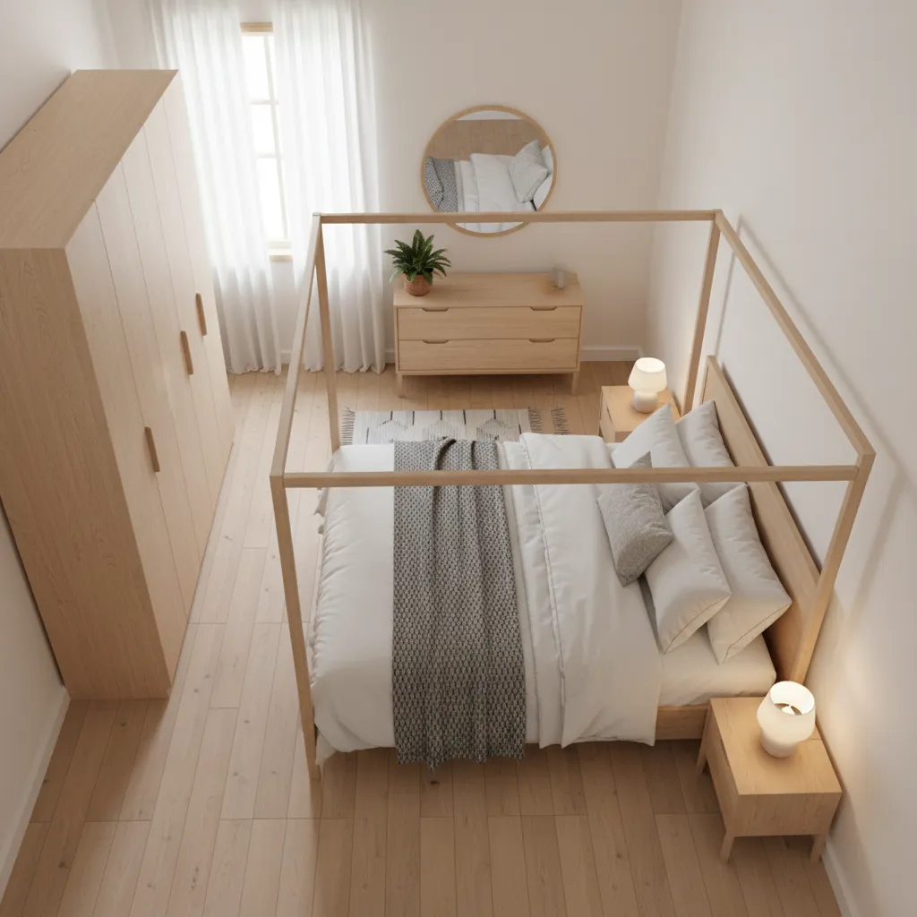 small bedroom layout with canopy bed centered and narrow nightstands