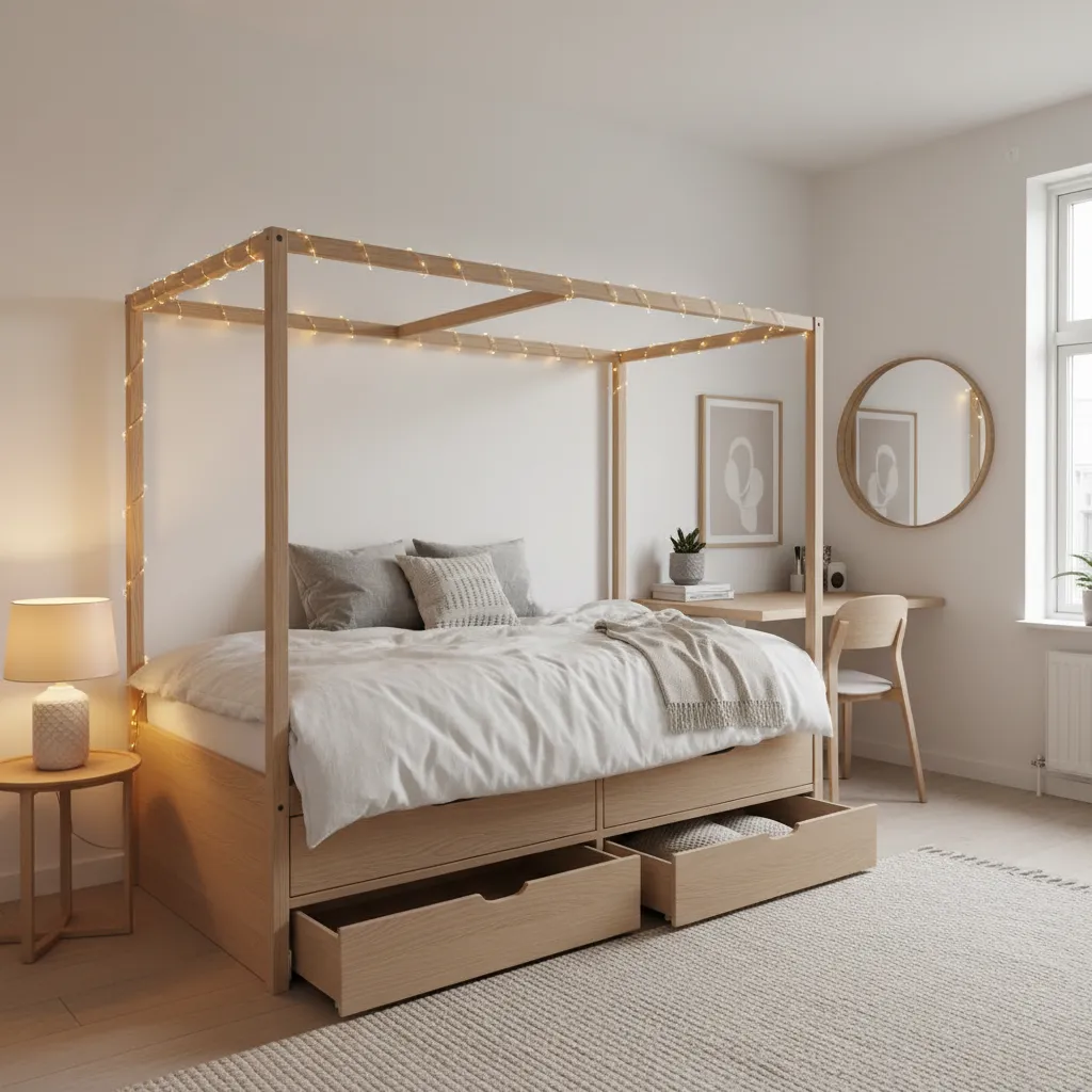 Canopy bed with under bed storage drawers in a compact bedroom