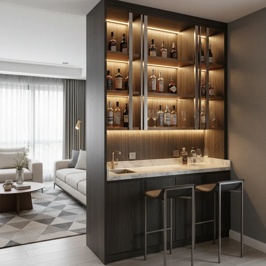 Cantina pequeña integrada en un mueble del salón con almacenamiento vertical