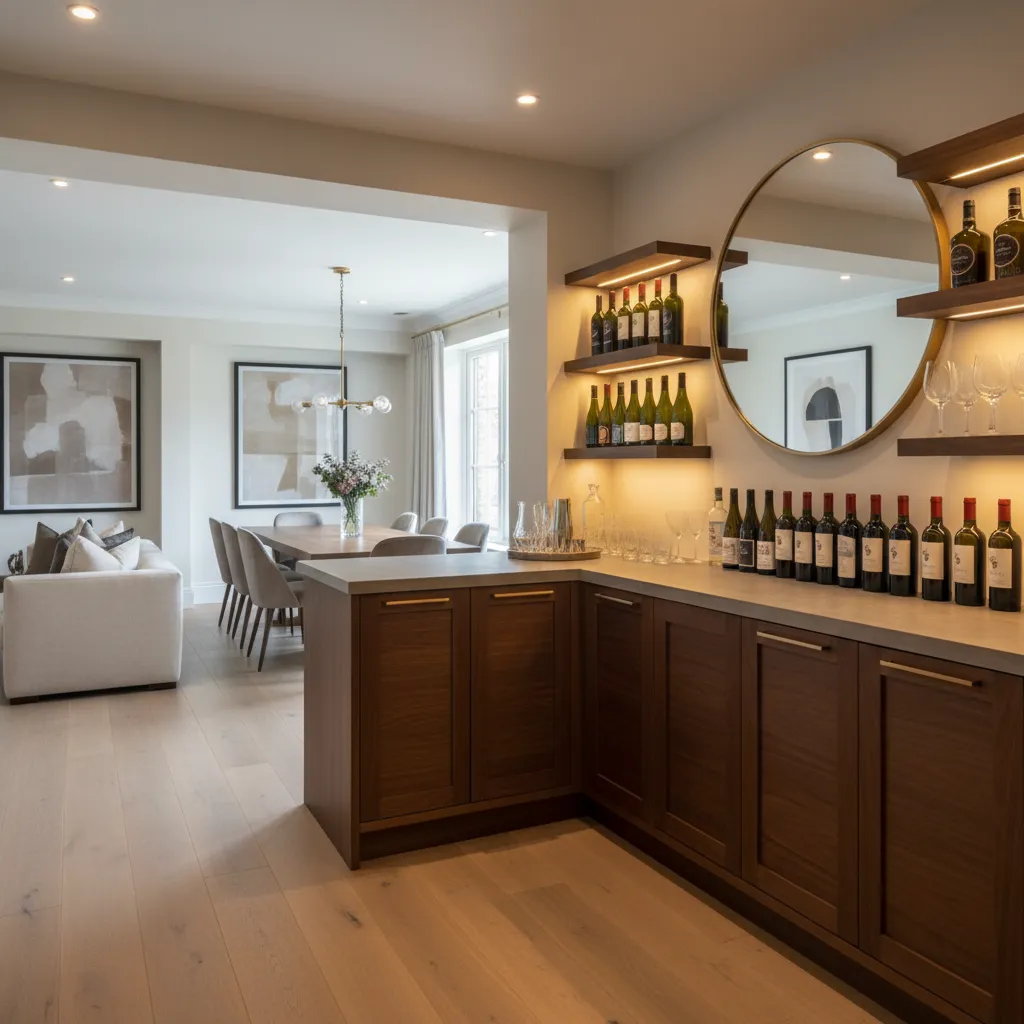 Cantina elegante ubicada entre el salón y el comedor