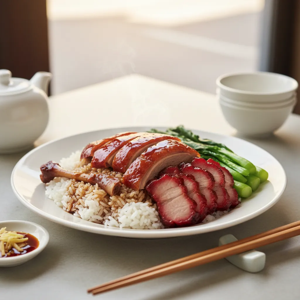 roast duck and bbq pork rice plate typical dish at Cantonese restaurant