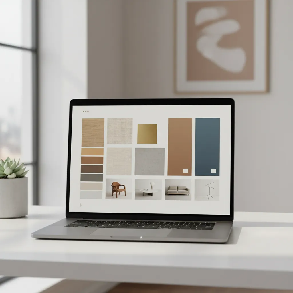 Structured digital mood board layout with color palette and furniture images