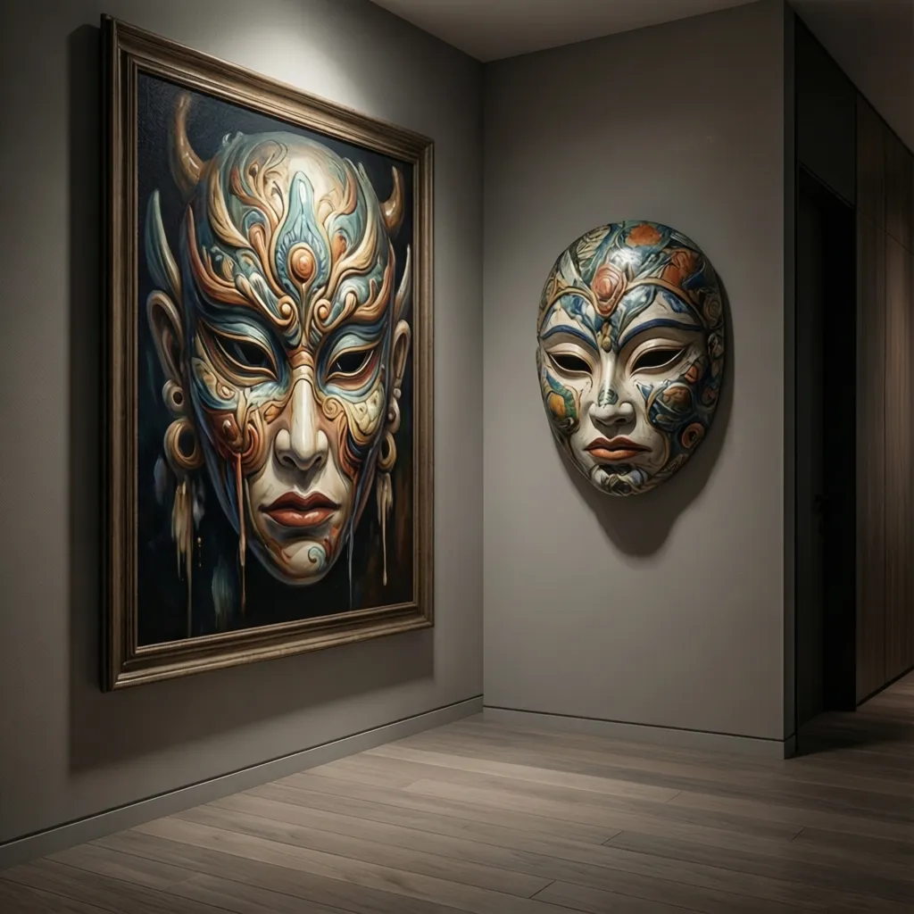 A colorful framed mask painting and a 3D ceramic mask displayed on a grey wall