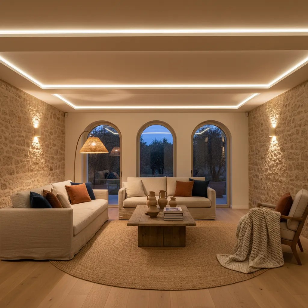Ejemplo de capas de iluminación en un salón con luz ambiental, general y puntual