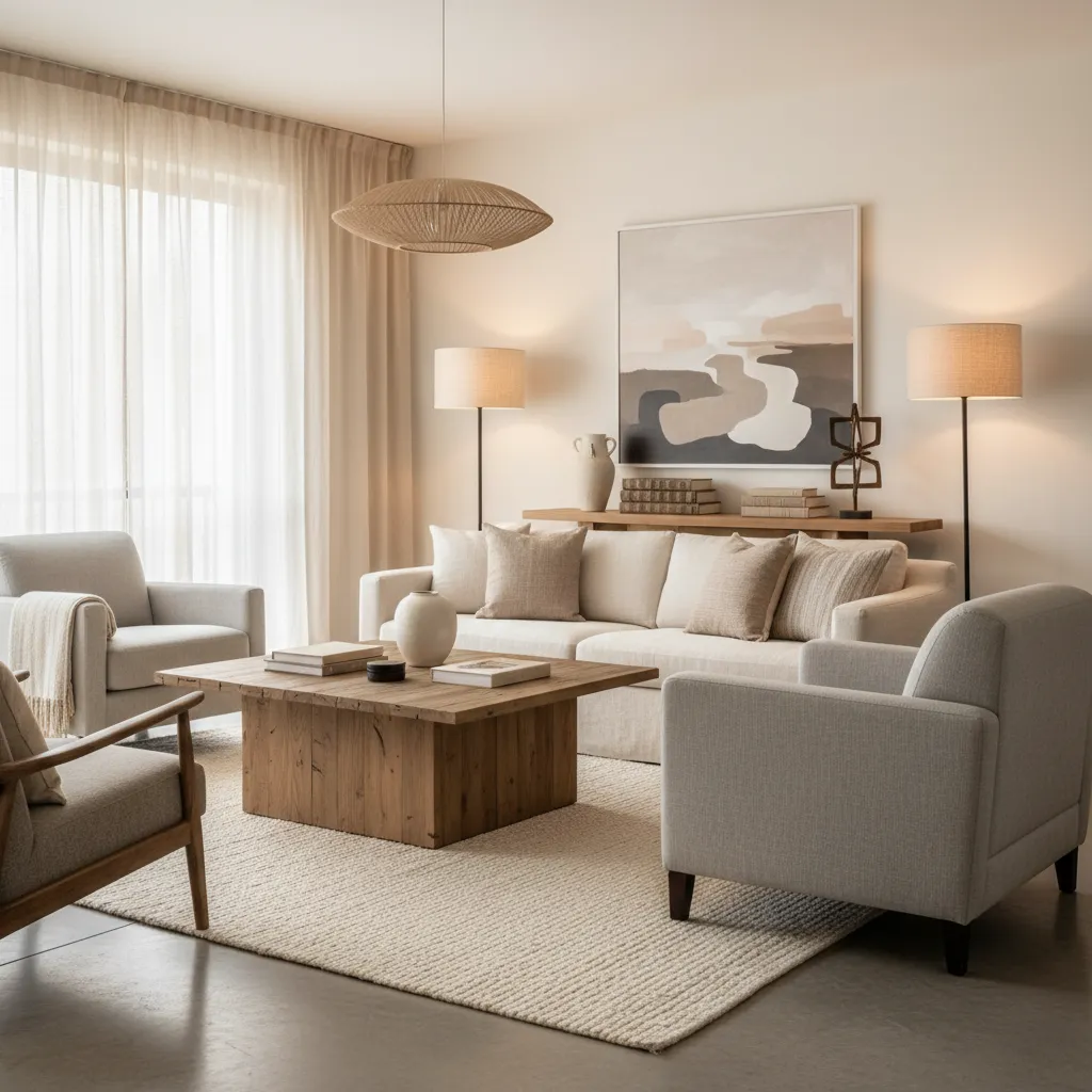Warm living room with white sofa, grey armchairs, wooden coffee table, wall art, and light