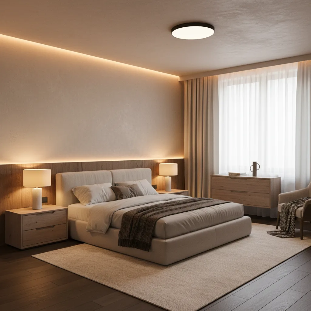 Habitación con iluminación por capas: general, ambiental y puntual