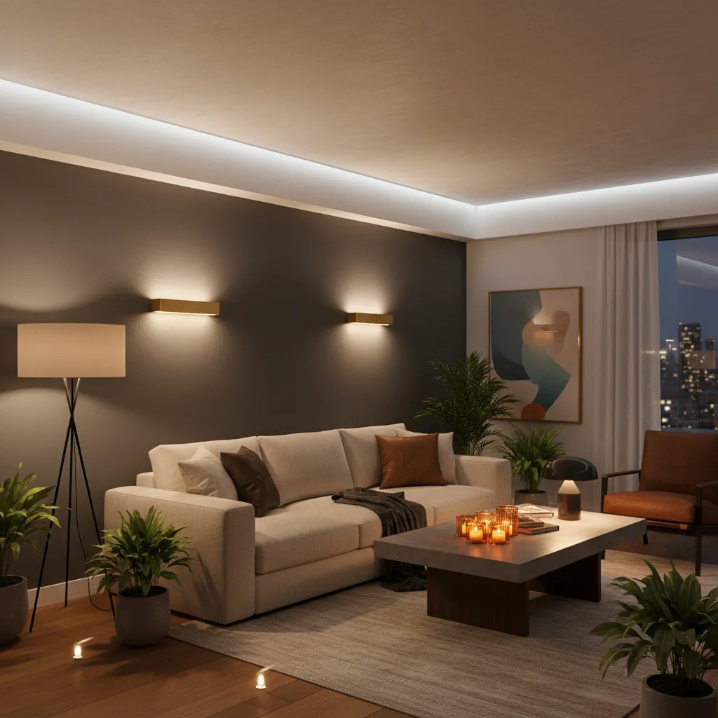 Cozy living room with wall light floor lamp and candles on a coffee table layout