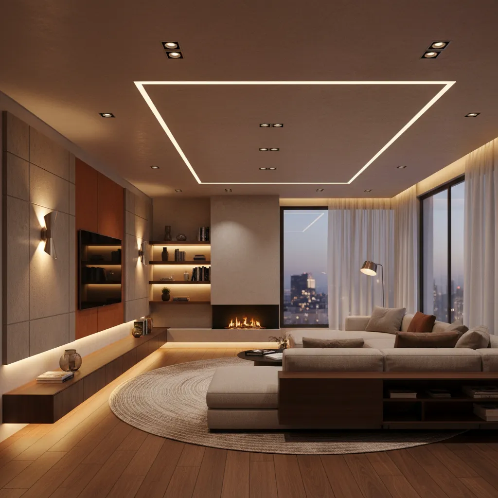 Modern living room with grey sofa fireplace round rug and bright square strip ceiling lights