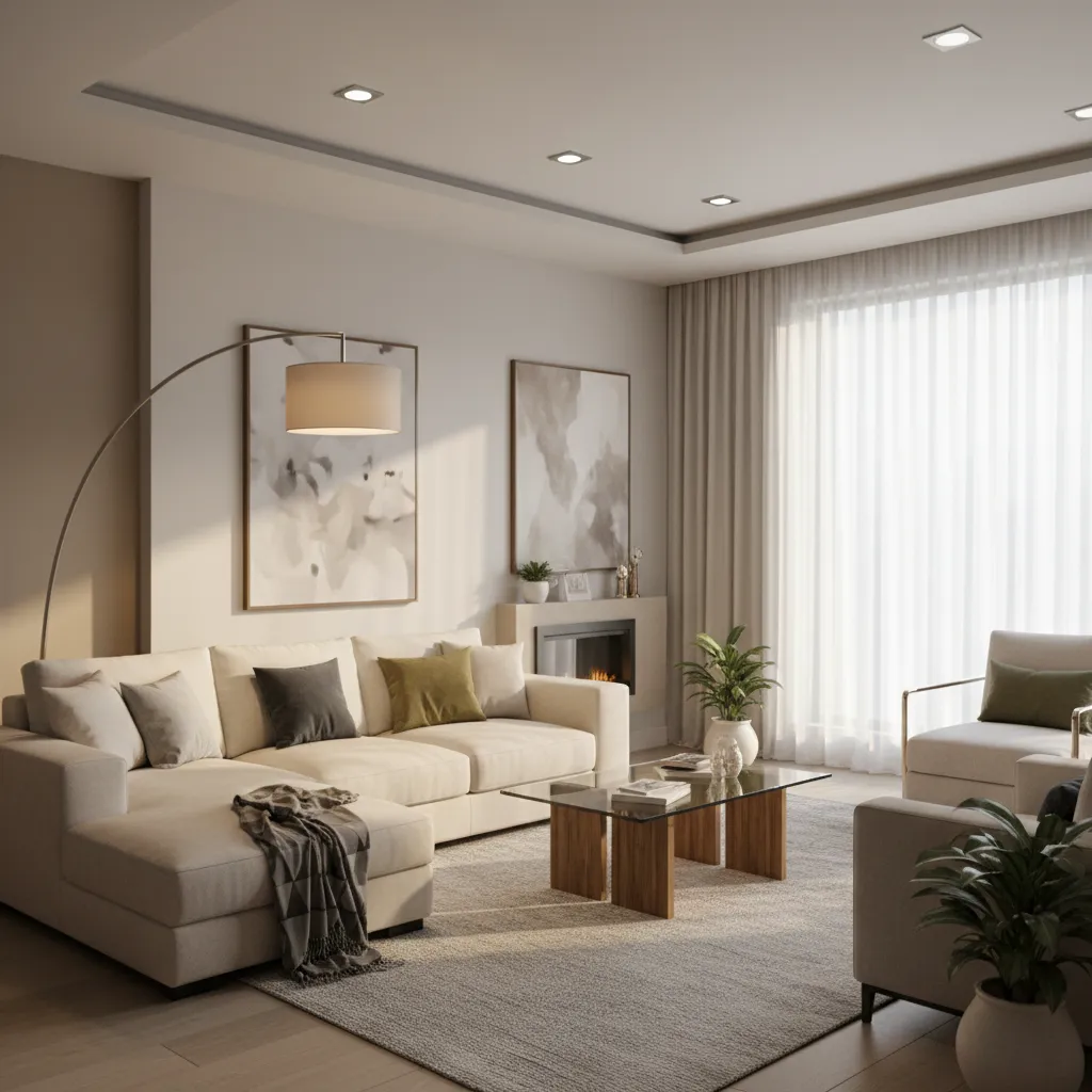 Sala moderna con iluminación ambiental, lámpara de pie y luz natural