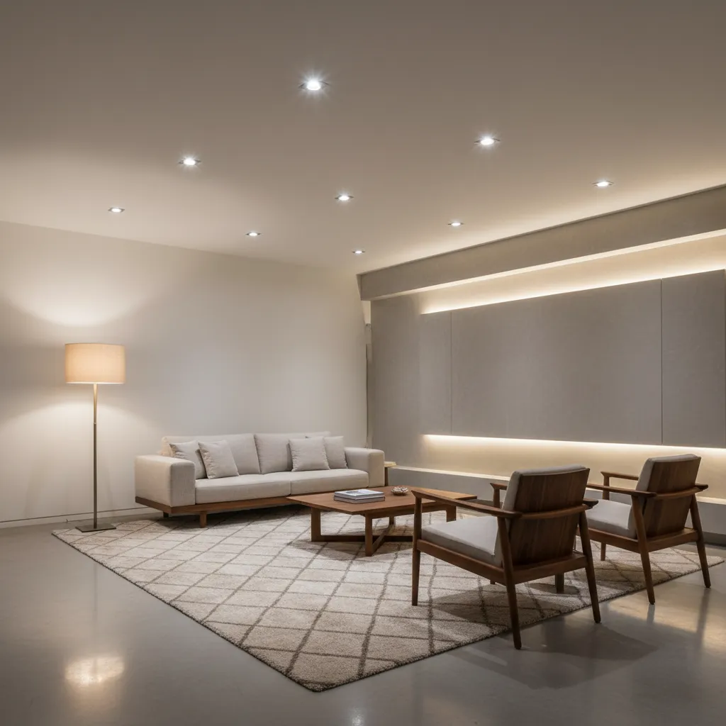 Salón mostrando iluminación general, ambiental y puntual