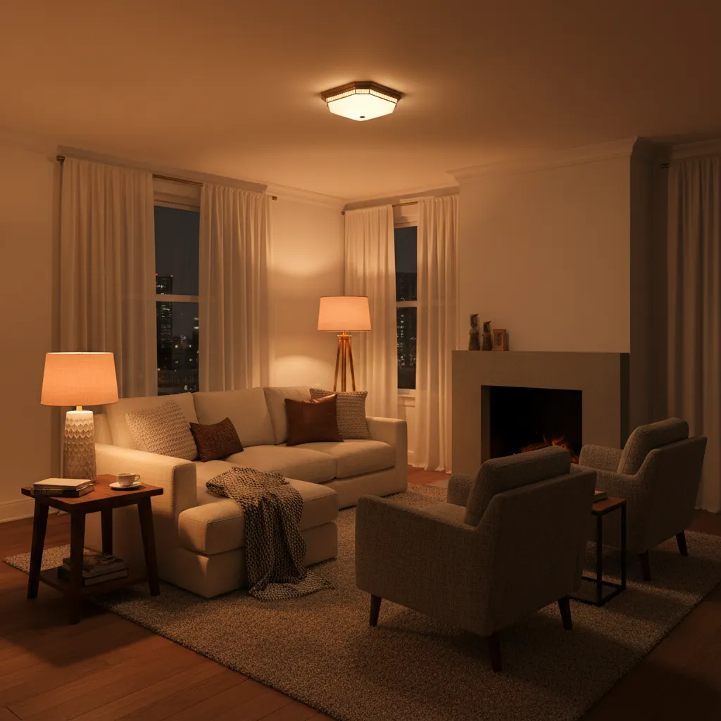 Cozy living room with warm lighting from ceiling light floor lamp table lamp and fireplace