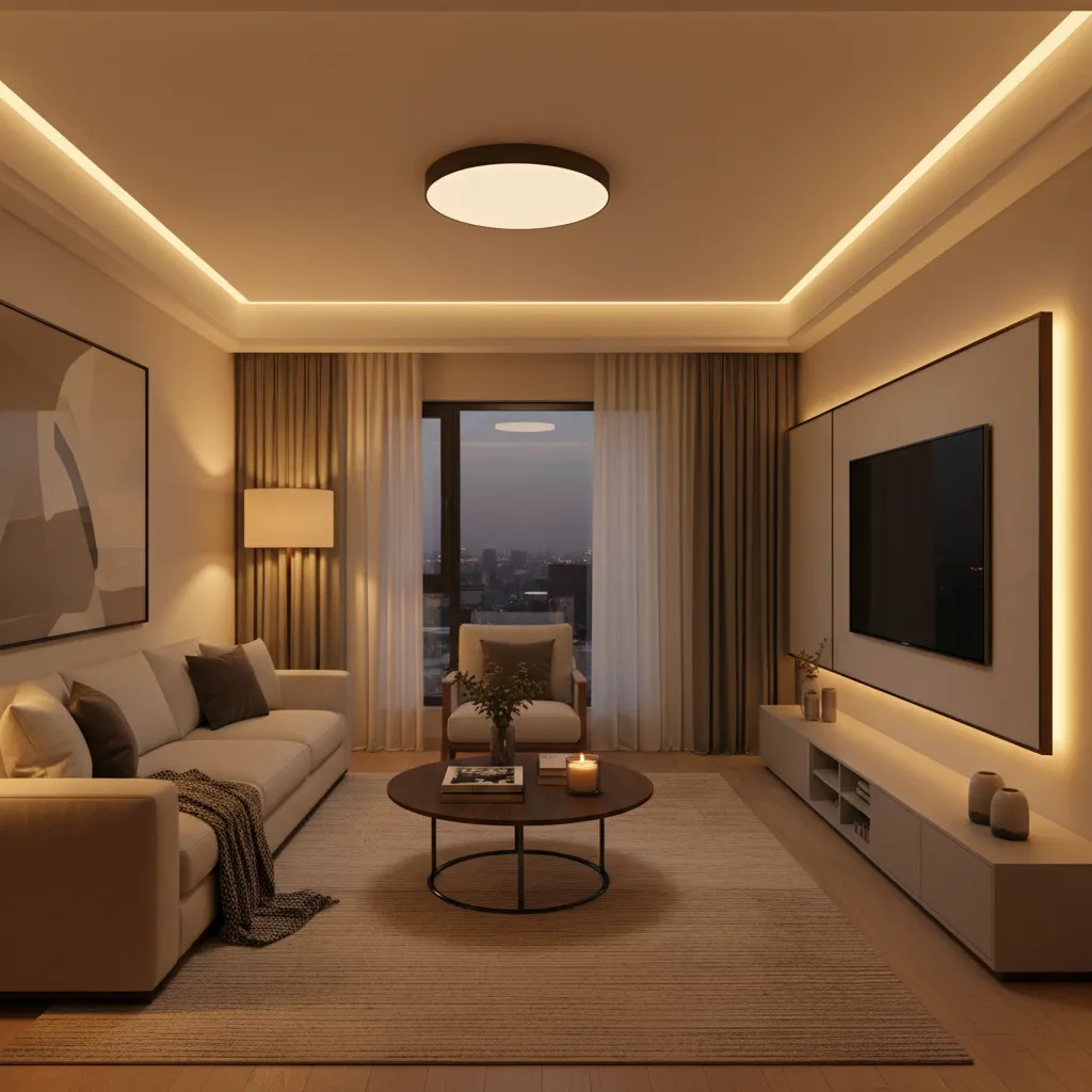 Cozy living room with warm round ceiling light and hidden lighting strips around the television