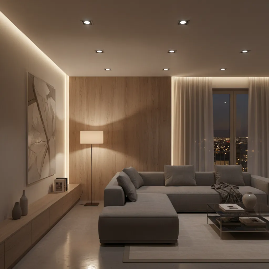 Salón con diferentes capas de iluminación: general, ambiental y de lectura