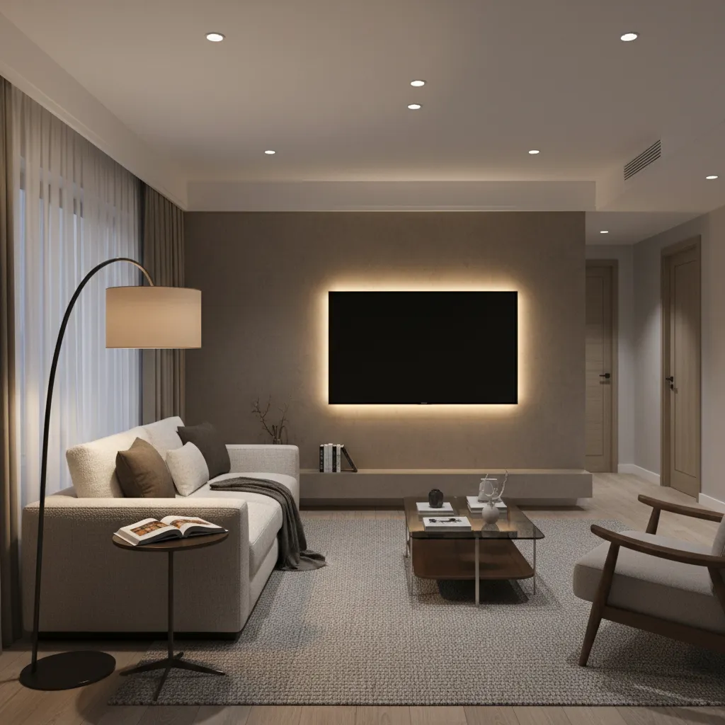 Salón con iluminación general, lámpara de pie y luz ambiental indirecta