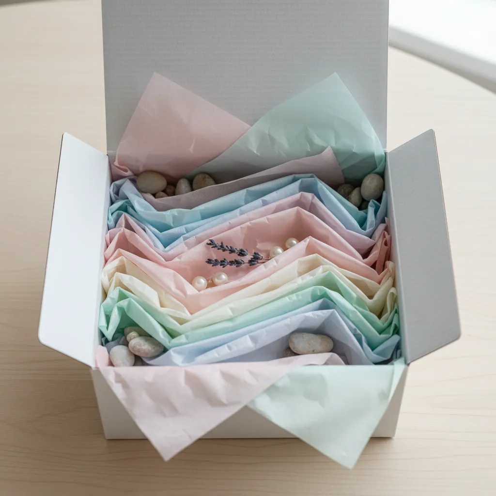 Open white box filled with layered colorful pastel tissue paper small stones and lavender stems