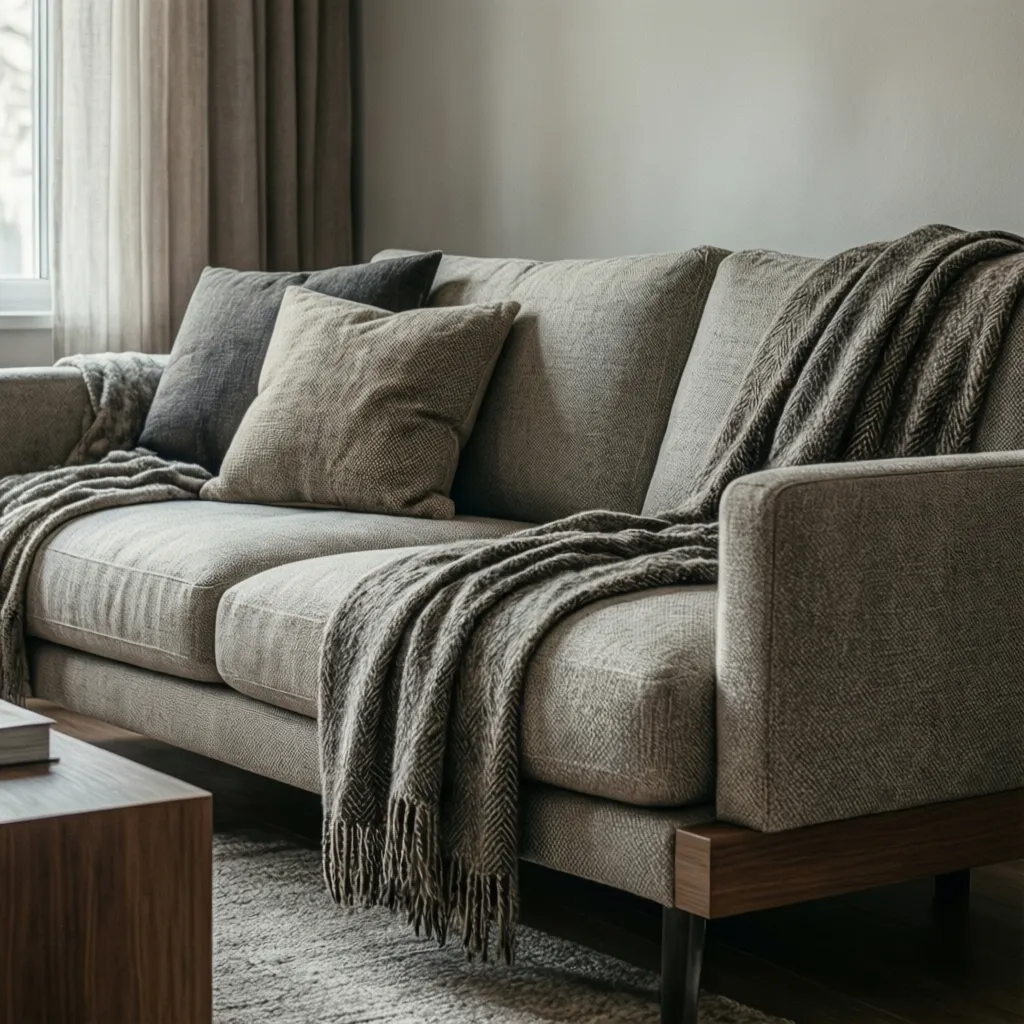 Grey fabric sofa with textured pillows and grey knit blanket inside a modern living room
