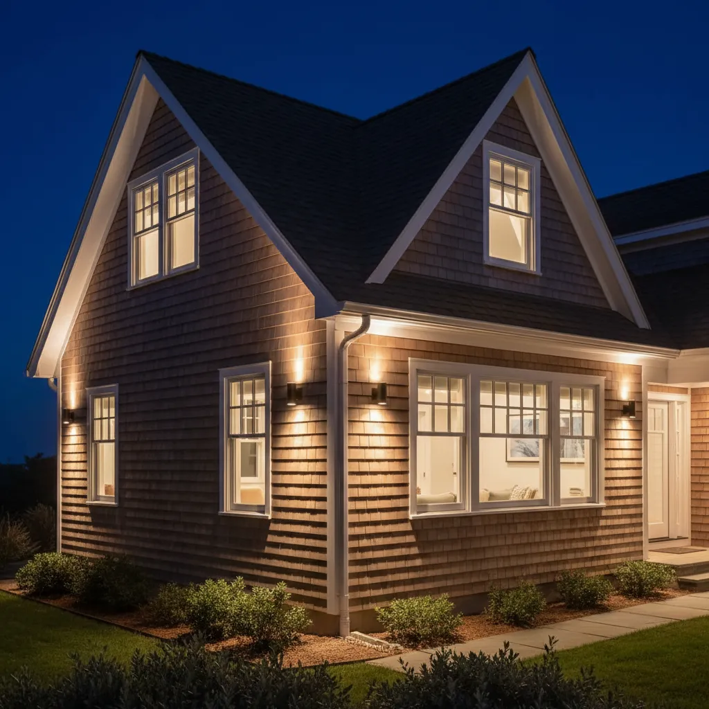 Subtle uplighting highlighting dormer windows and cedar shingles on a Cape Cod home