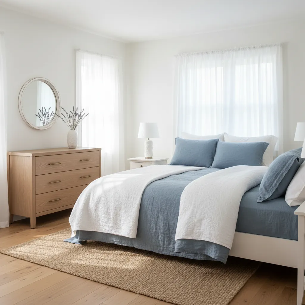 Cape Cod bedroom featuring soft blue bedding white walls and natural wood furniture