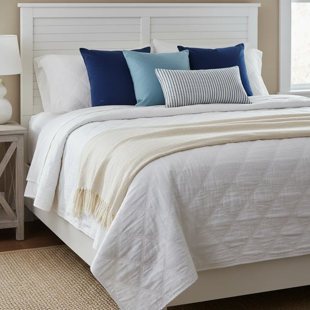 Cape Cod bedroom bed styled with layered white quilt linen blanket and blue pillows