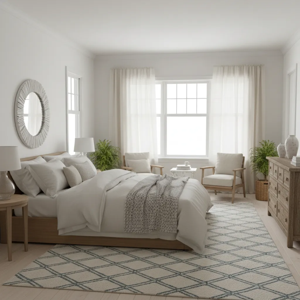 Light Cape Cod bedroom with white walls linen bedding and coastal textures