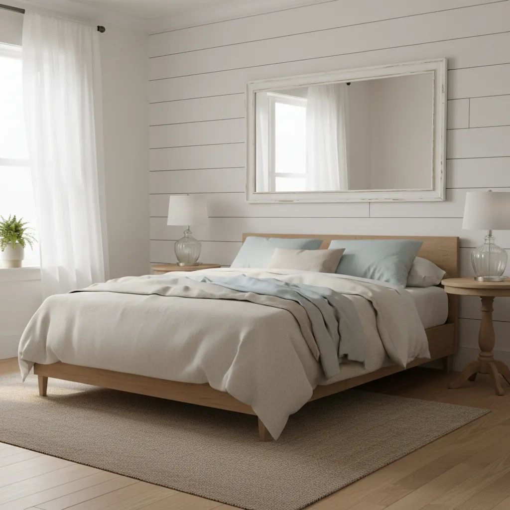 Cape Cod bedroom with white shiplap accent wall behind bed