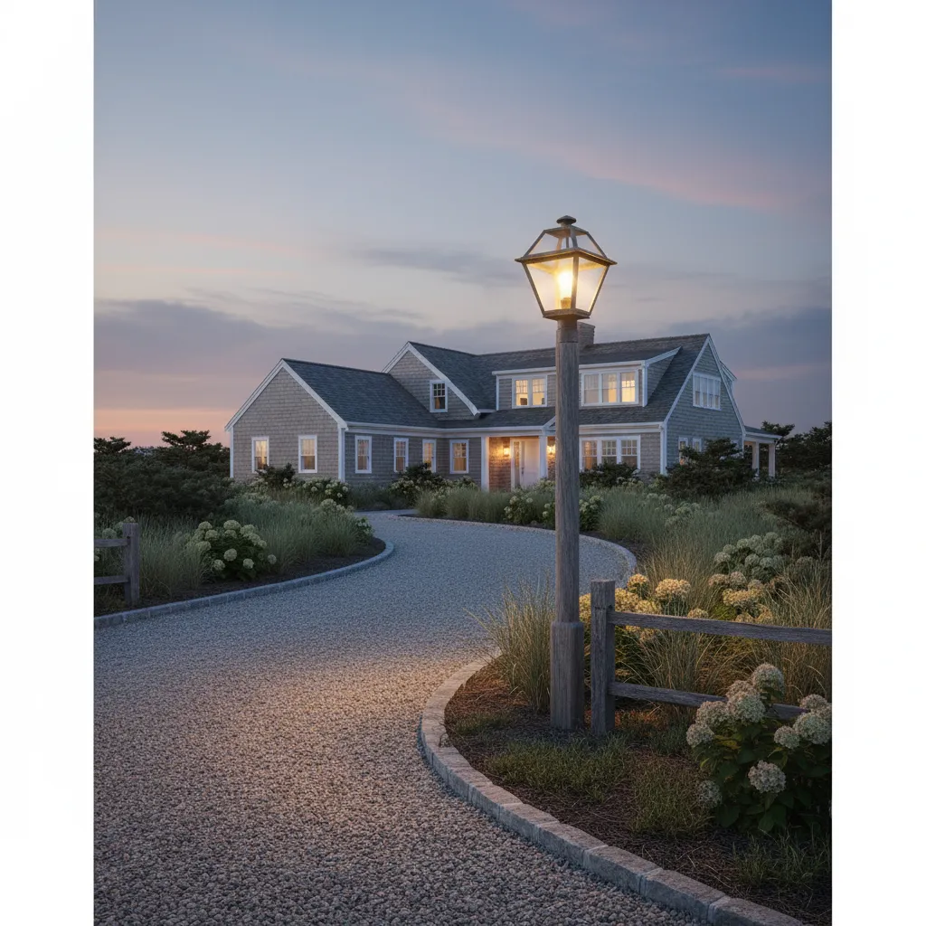 Traditional post lantern at the entrance of a Cape Cod driveway