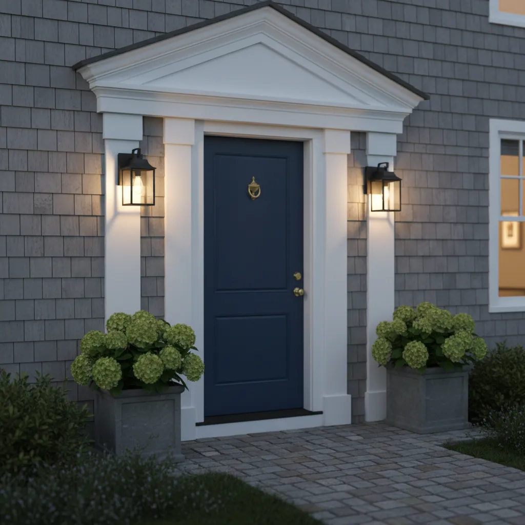properly scaled lantern lighting beside Cape Cod front door