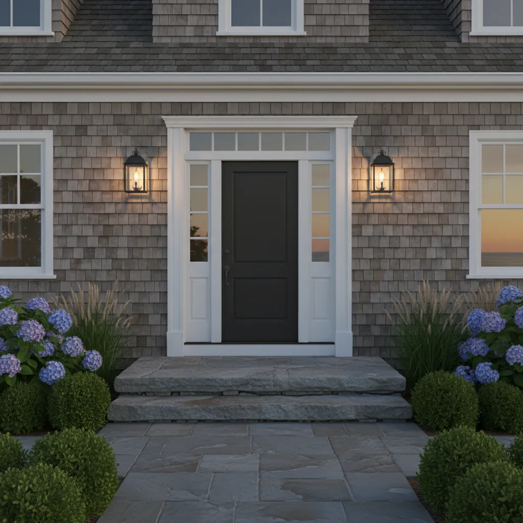 Front entry of Cape Cod house with traditional wall lanterns beside the door