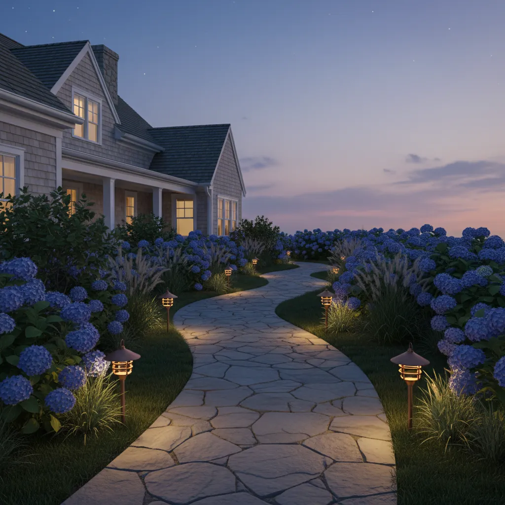 Low path lights illuminating a curved garden walkway at a Cape Cod home