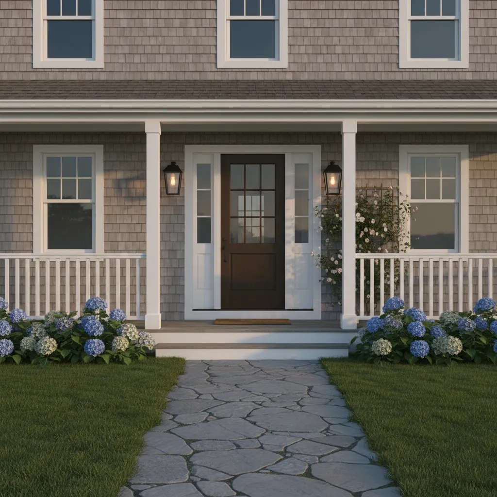 Cape Cod front entrance with symmetrical lantern lighting
