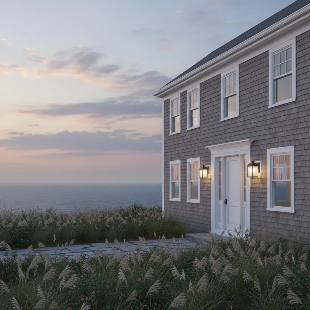 Cape Cod coastal house exterior with lantern lighting and ocean environment