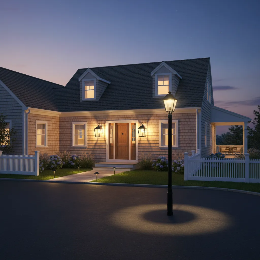 Cape Cod home at dusk showing layered lighting with wall lanterns, post light, and path lights