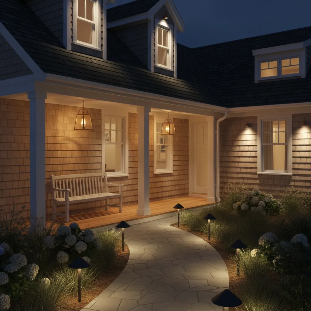 Cape Cod home demonstrating layered outdoor lighting with porch lanterns pathway lights and subtle accent lighting