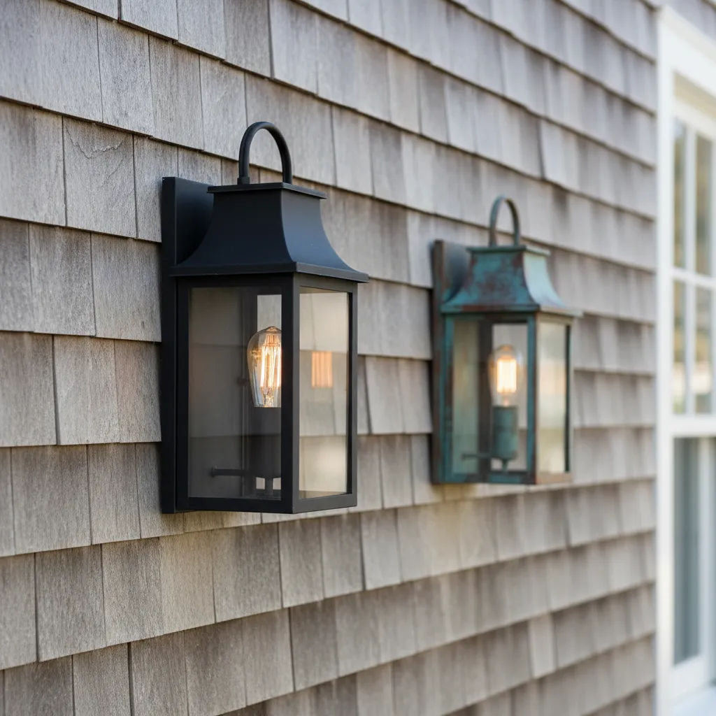 black bronze and copper outdoor lanterns on cedar shingle siding