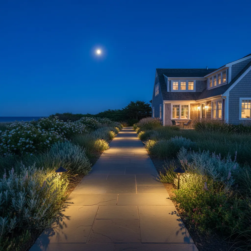 Coastal garden pathway with evenly spaced low landscape lights guiding a walkway to a Cape Cod house