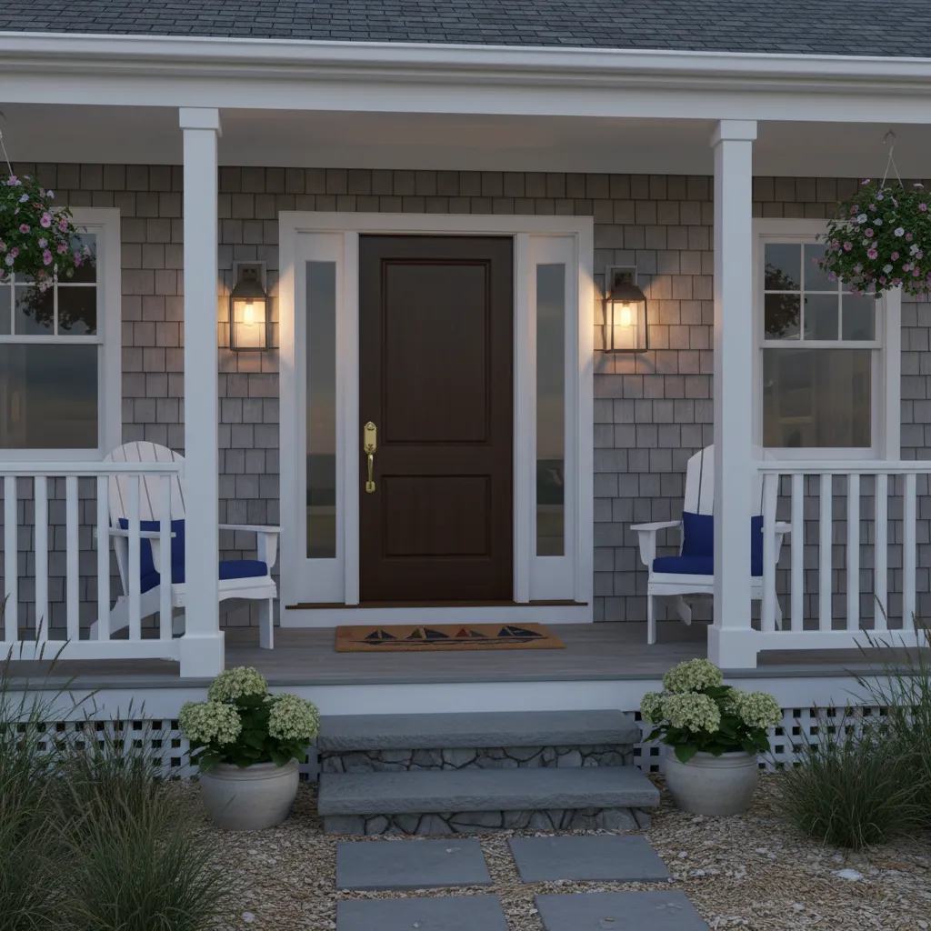 Front porch of Cape Cod house with symmetrical wall lanterns beside the entry door