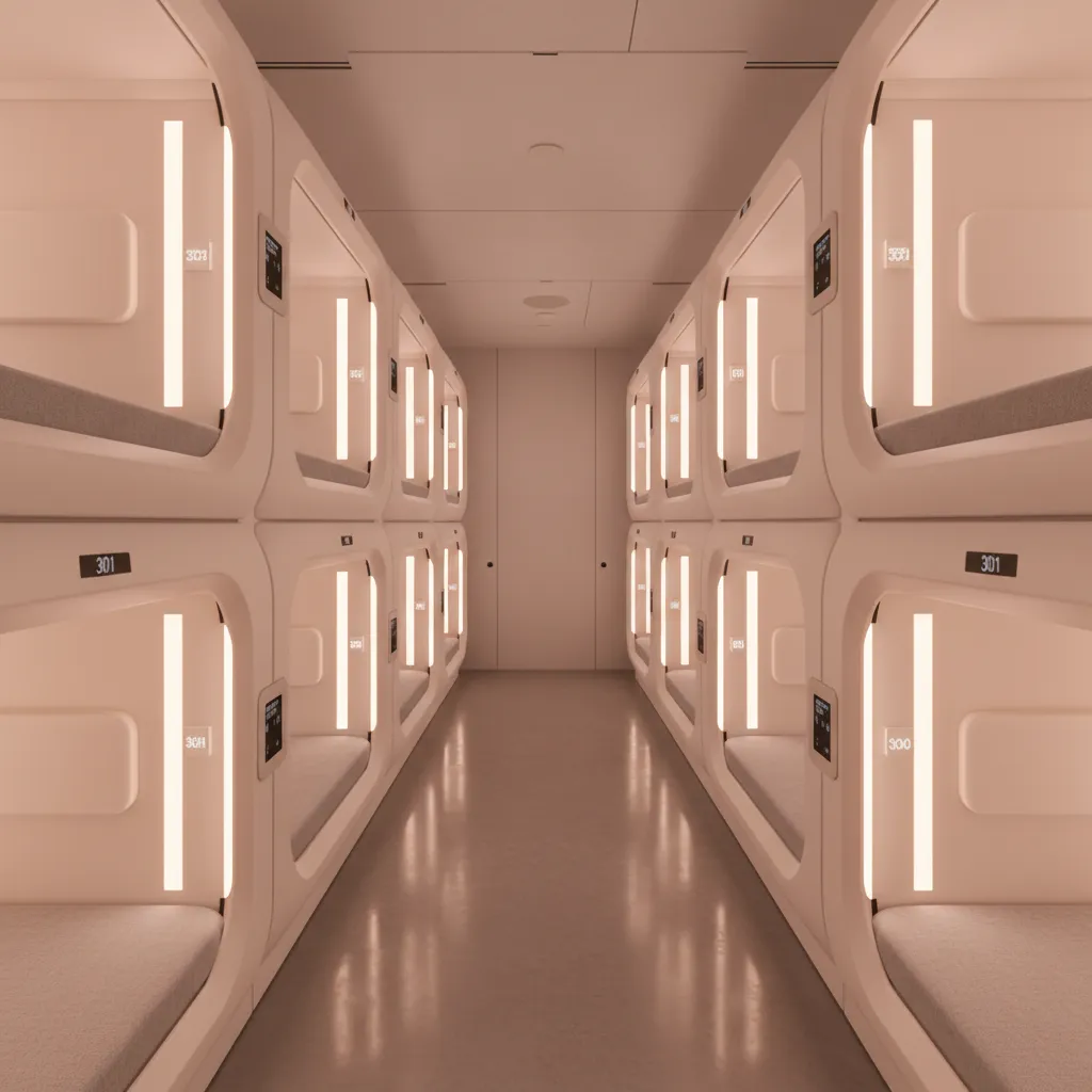rows of modular capsule hotel sleeping pods demonstrating standardized micro housing modules