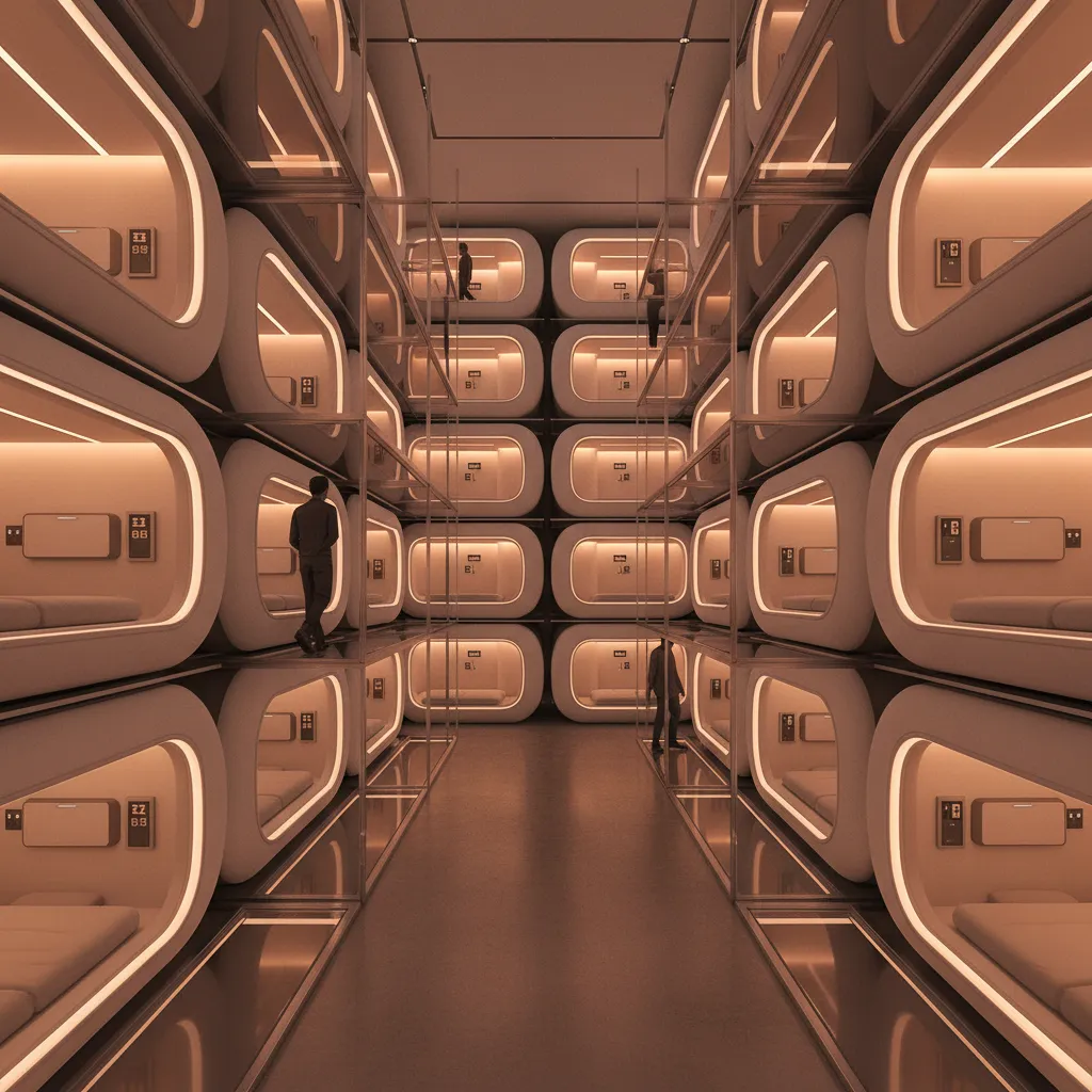 capsule hotel sleeping pods stacked in efficient grid layout