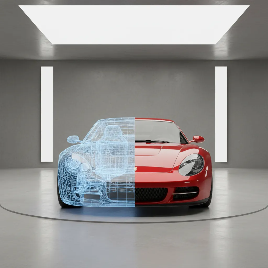 wireframe and shaded view of a detailed car 3D model used for format comparison
