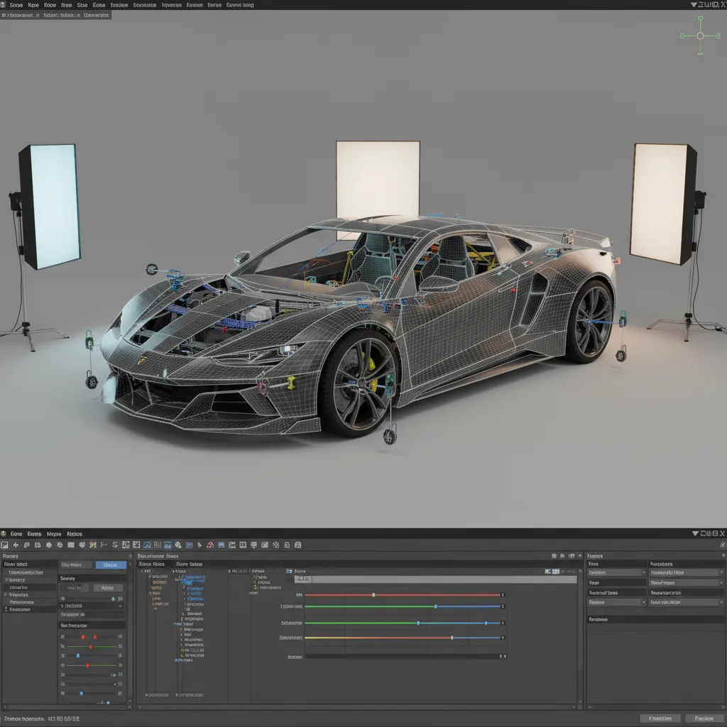 3d car model with visible wheel rigging and animation controls